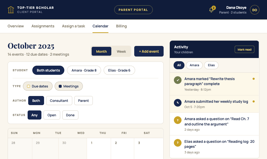 The parent portal calendar for October: filters for student, event type, author, and status above a month grid, with the activity feed alongside it.